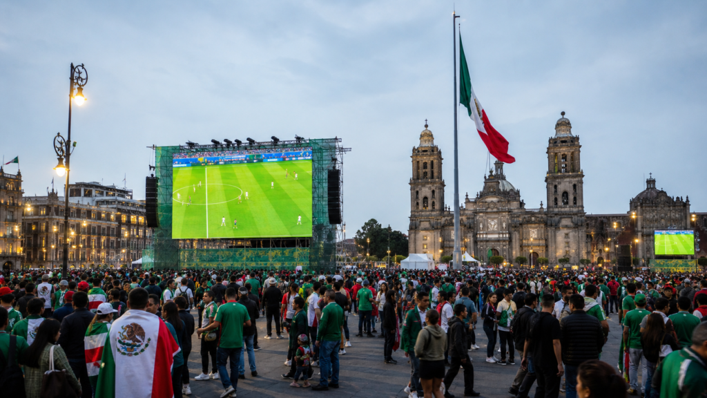 Aficionados se reúnen en una plaza de la Ciudad de México durante el Mundial 2026