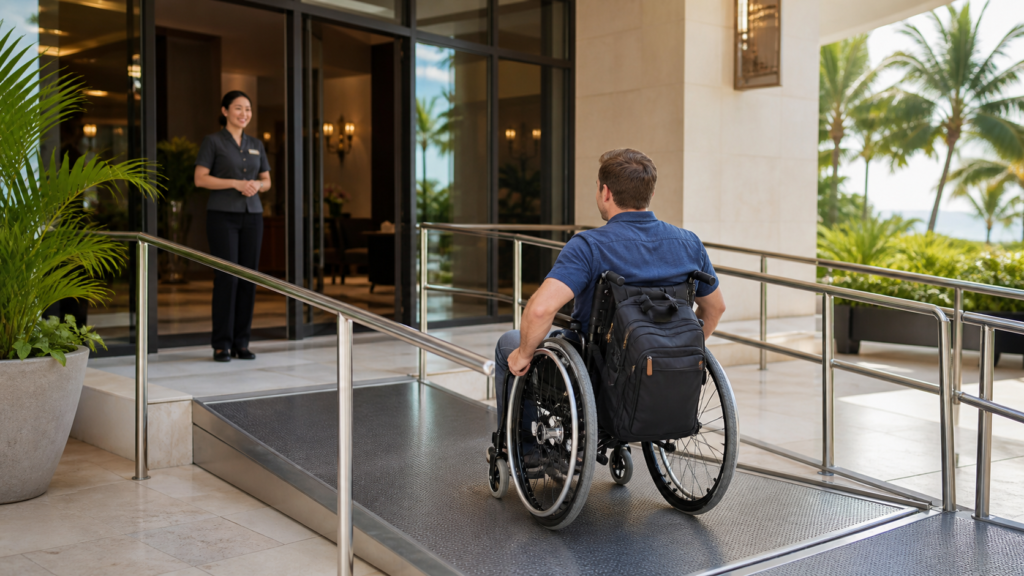 Viajera consulta una lista de accesibilidad junto a una rampa de acceso en un hotel.