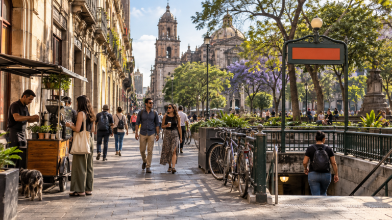 Personas caminando por una calle arbolada de la Ciudad de México con edificios históricos y transporte público al fondo.