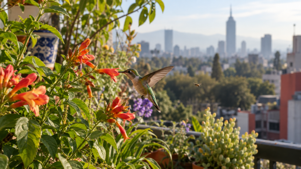 Colibrí alimentándose de flores en un jardín urbano con edificios de la ciudad desenfocados al fondo.