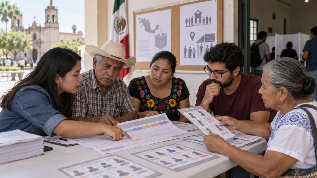 Ciudadana revisando información electoral en una mesa con credencial, calendario y documentos de votación.