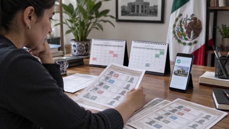 Persona verificando una encuesta electoral en una laptop junto a una ficha metodológica y documentos del proceso 2027.