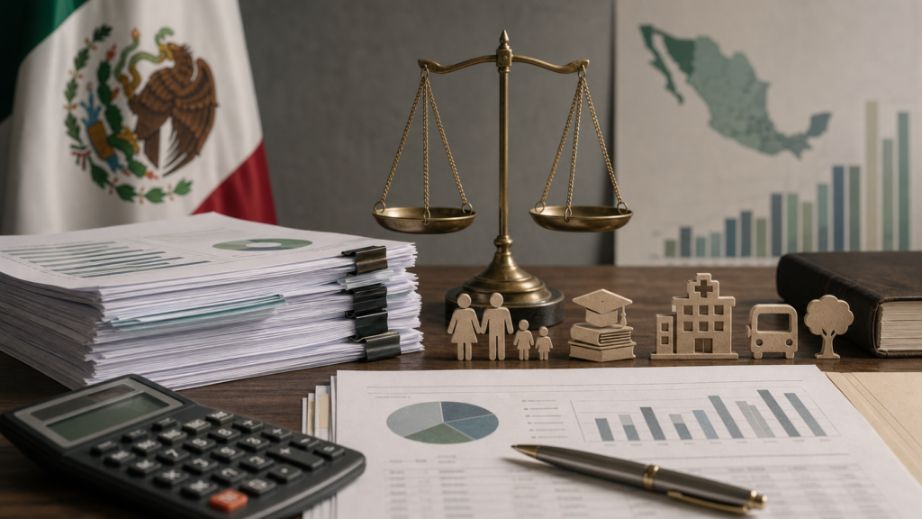 Mesa con documentos presupuestarios, calculadora y gráfica de ingresos y gasto público en México.