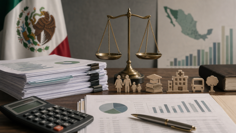 Mesa con documentos presupuestarios, calculadora y gráfica de ingresos y gasto público en México.