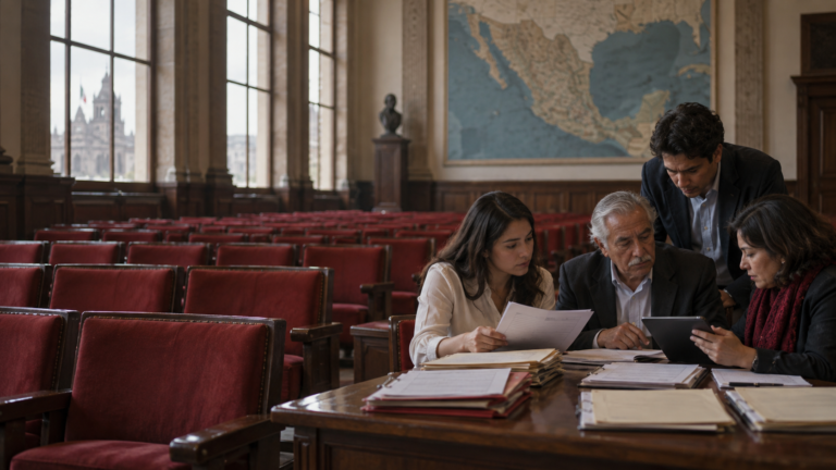 Organizadores revisan registros de afiliación en un salón político con asientos rojos y un mapa de México.