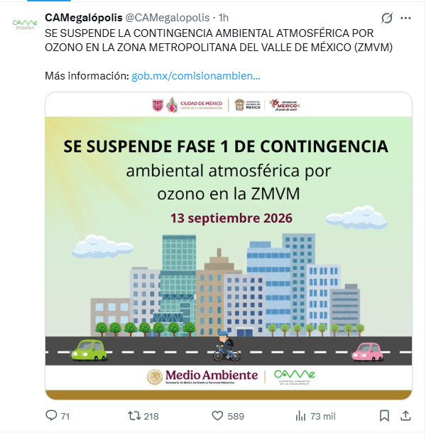 Comunicado oficial de CAMe sobre la suspensión de la Fase 1 de contingencia ambiental por ozono en la Zona Metropolitana del Valle de México, fechado el 13 de septiembre de 2026.